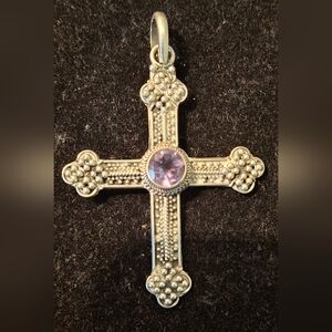 Elegant Sterling Silver Cross Pendant with Purple Gemstone